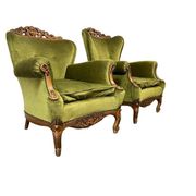 set of 2 vintage green baroque armchairs / armchairs / club chairs