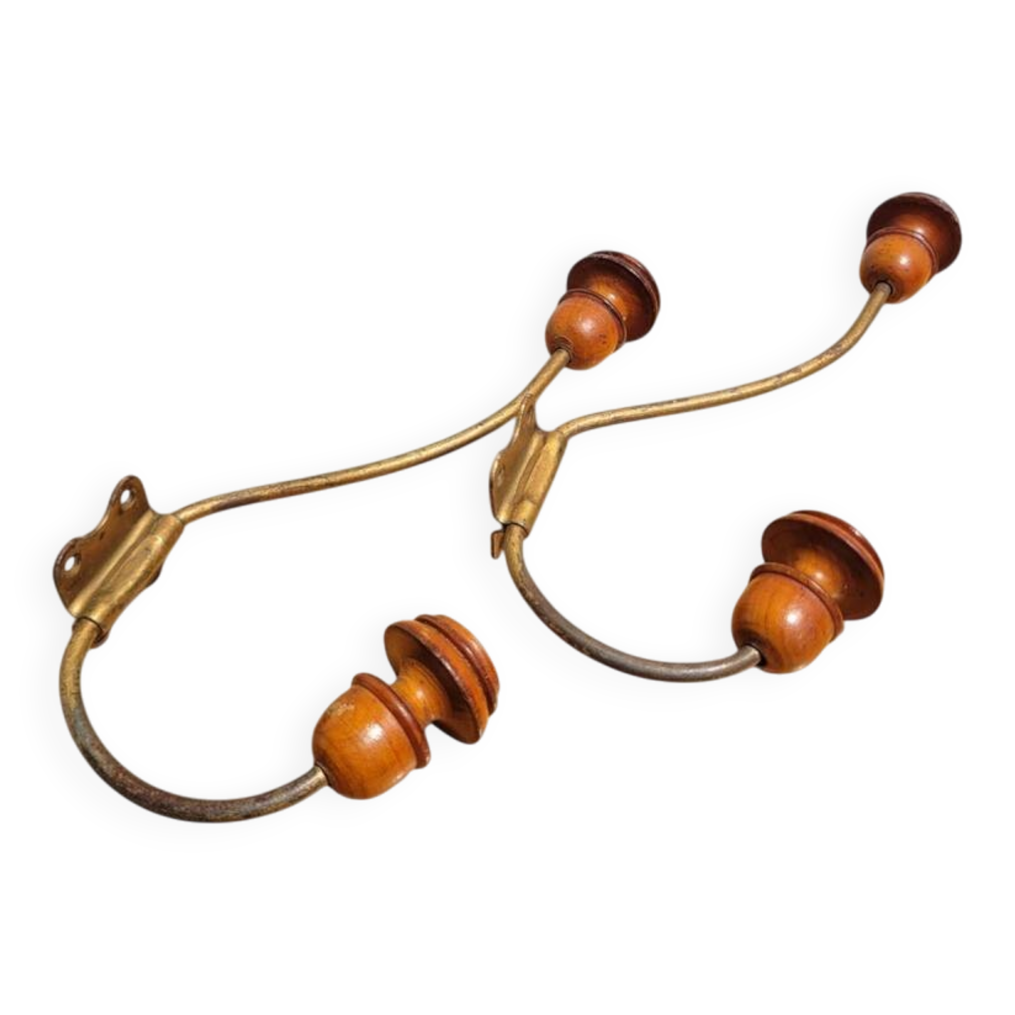 Pair of antique wooden and metal coat hooks
