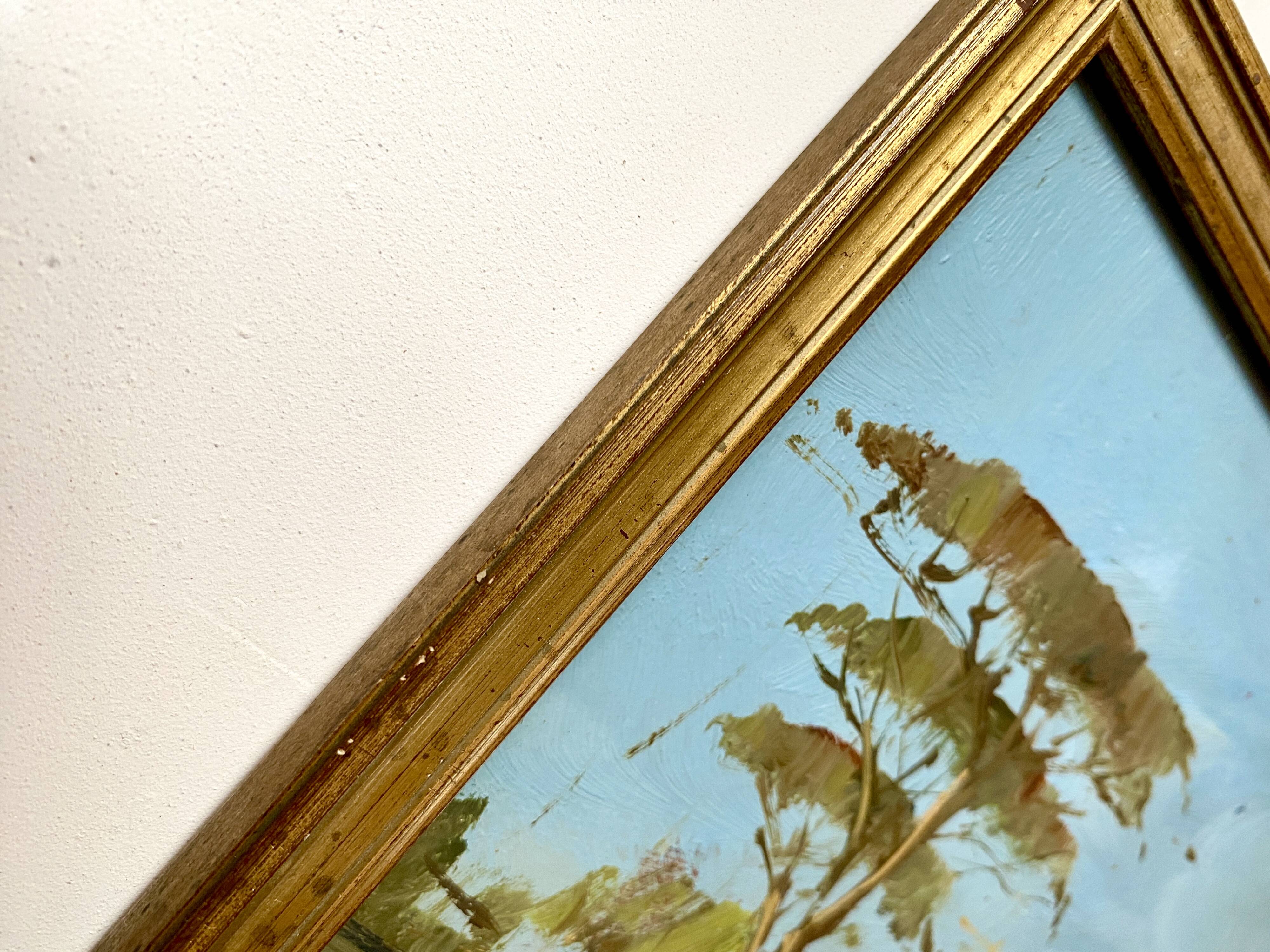 Huile 1950 mise sous verr, cadre bois doré