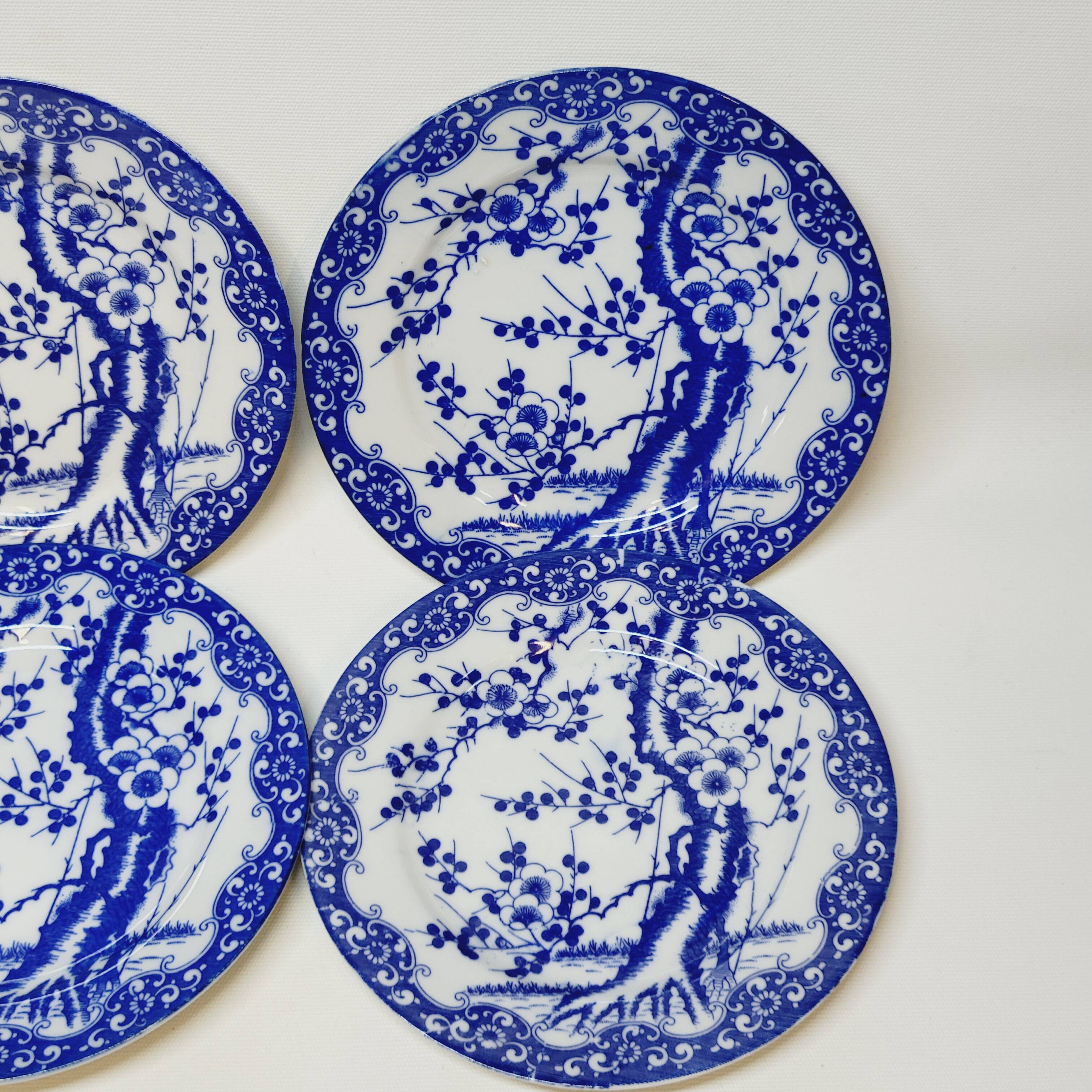 6 Small Dessert Plates in Fine Porcelain with Cherry Blue Decor
