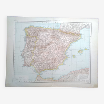 Une carte géographique issue Atlas Richard Andrees  année 1887 Espagne et Portugal
