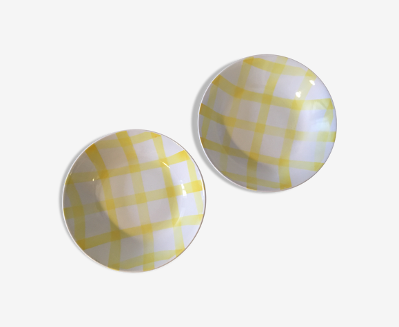 Paire d'assiettes creuses Moulin des Loups modèle Vichy jaune