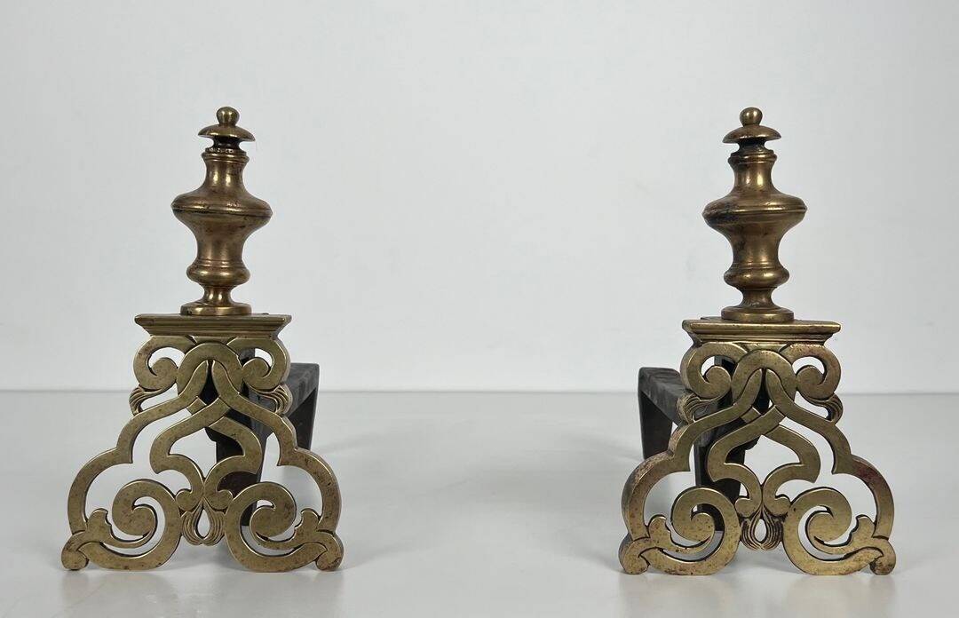 Pair of Chiselled Bronze and Wrought Iron Chenets in Louis XV Style