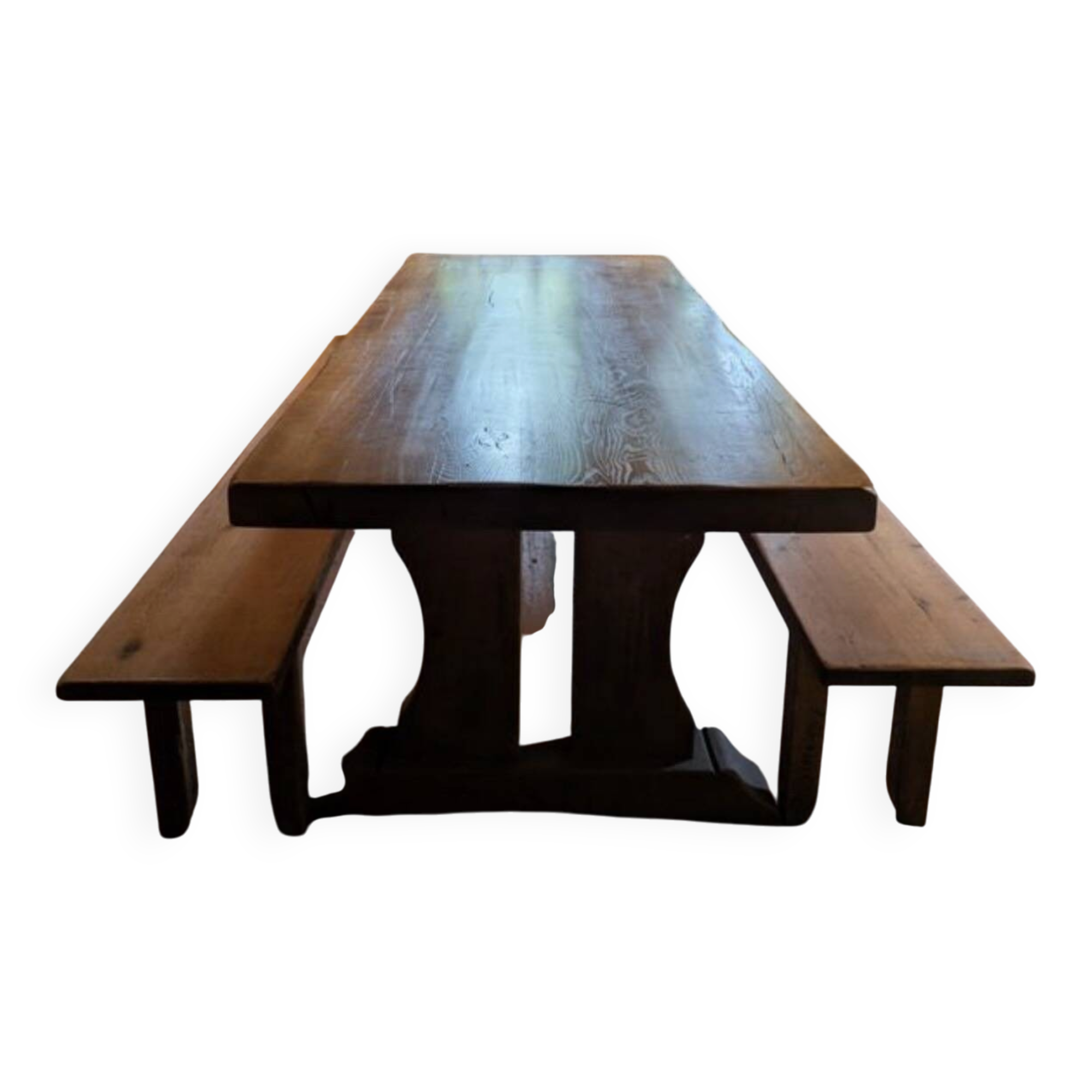 Set of 3 monastery tables in solid oak 220 cm with 6 matching benches.