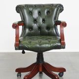 Green Cowhide Leather Chesterfield Office Chair on Wheels