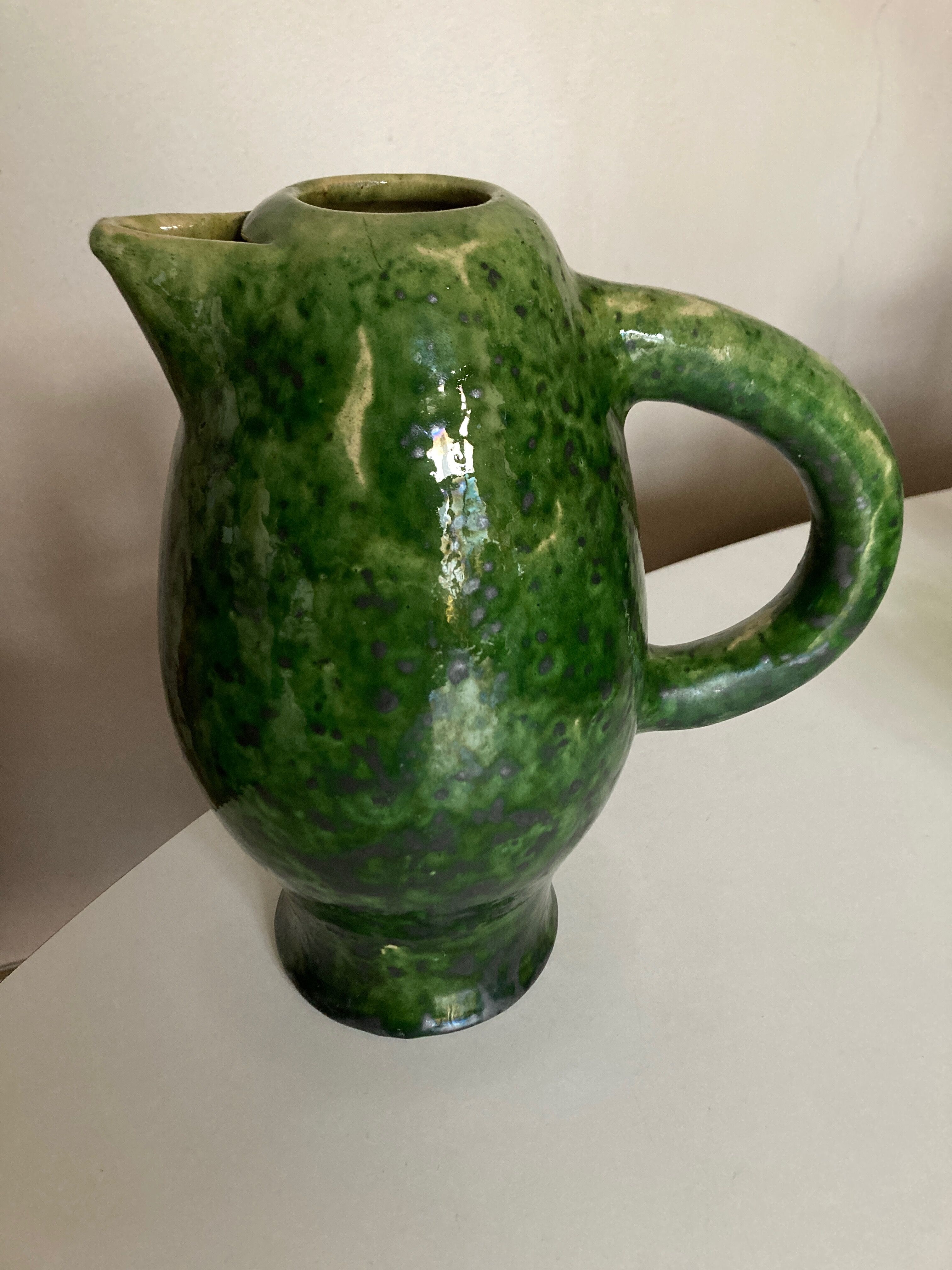 XL vase pitcher in green glazed clay Vallauris 1960