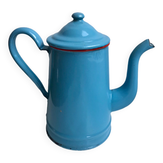 Cafetière émaillée en métal bleu ciel et rouge début xxème