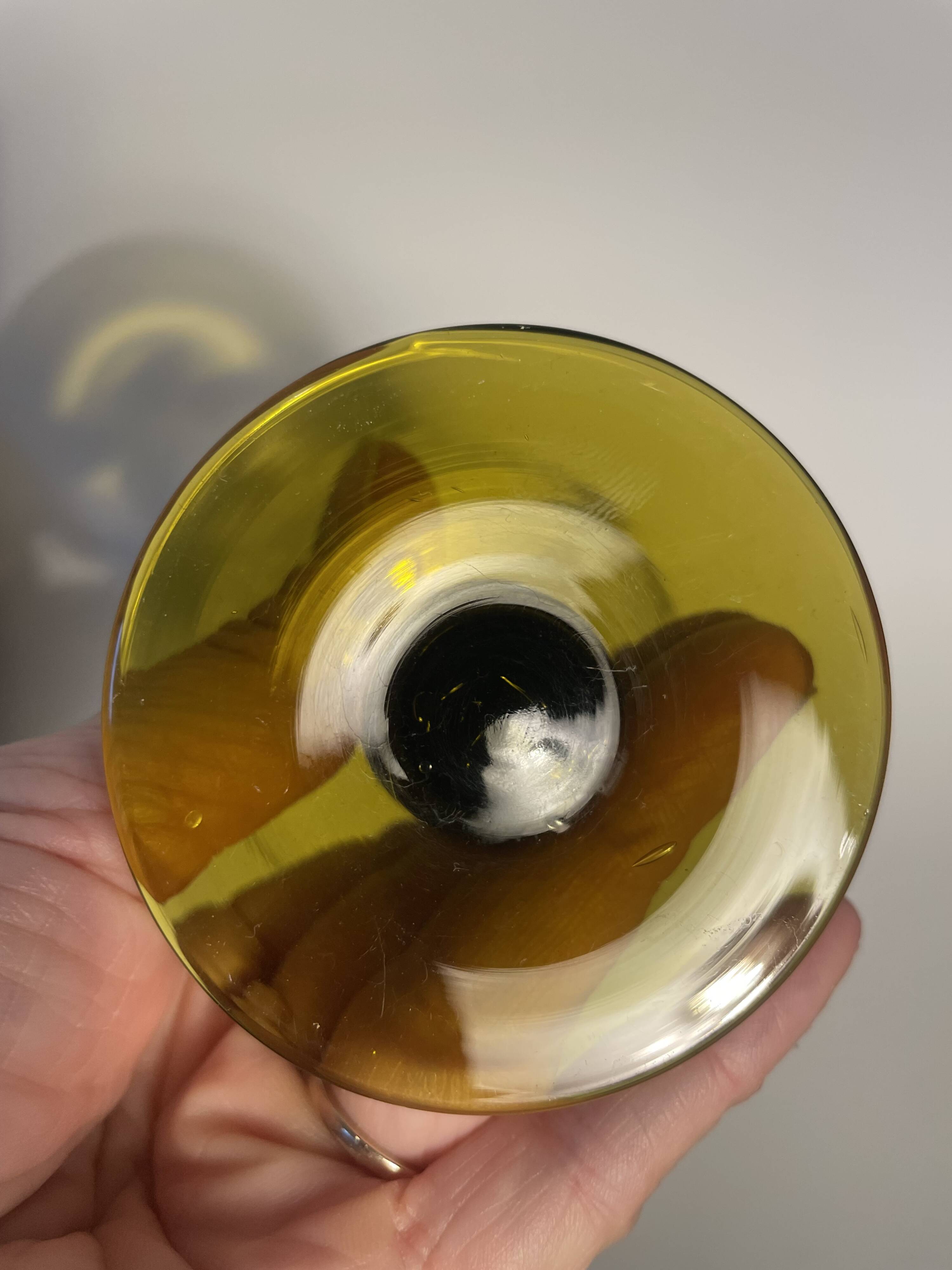 3 two-tone stemmed glasses with olive green stems