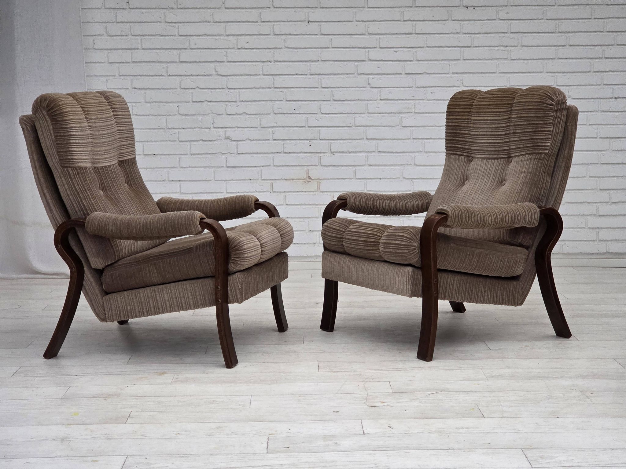 1970s, pair of Danish armchairs, brown furniture corduroy, beech wood.