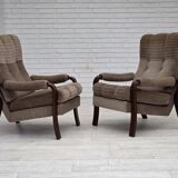 1970s, pair of Danish armchairs, brown furniture corduroy, beech wood.