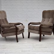 1970s, pair of Danish armchairs, brown furniture corduroy, beech wood.