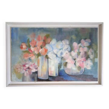 Nature morte impressionniste avec fleurs, huile sur toile signée et encadrée