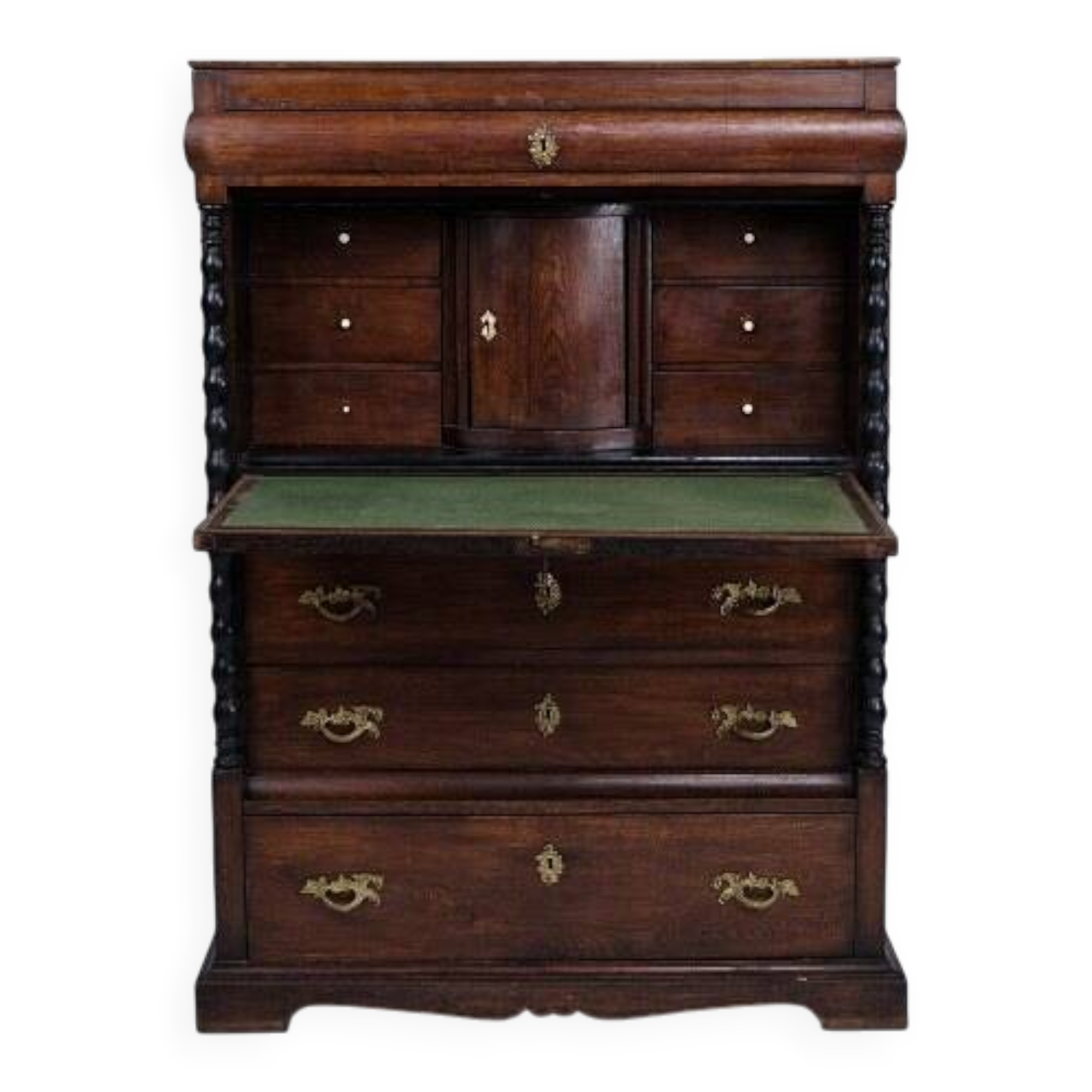 Secretary – Polished oak – Green felt cloth & brass handles – 4 drawers – 1820s