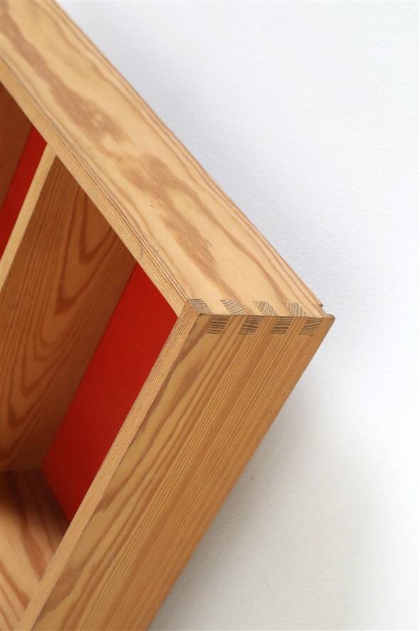 Mid-century wall shelf with mirror / 1970s / maritime pine / Danish modern design / red-orange
