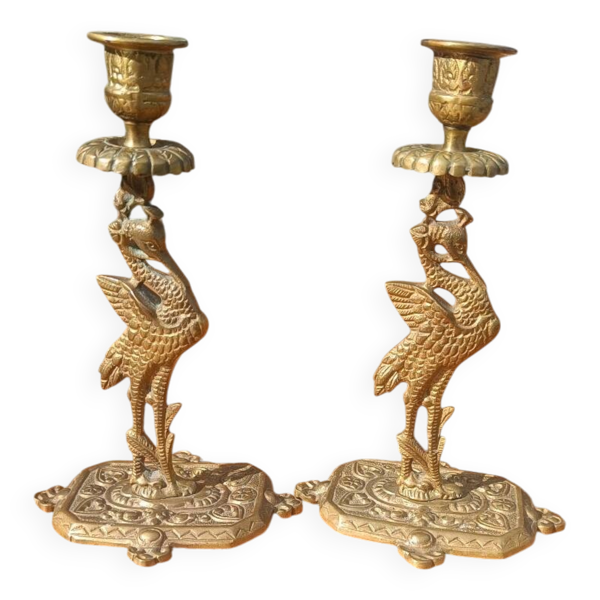 Bougeoirs en bronze, héron, Art déco orientaliste — Beyit