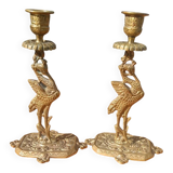 Bronze candlesticks, heron, Orientalist Art Deco