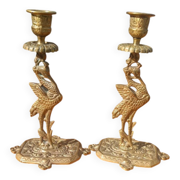 Bougeoirs en bronze, héron , Art déco orientaliste