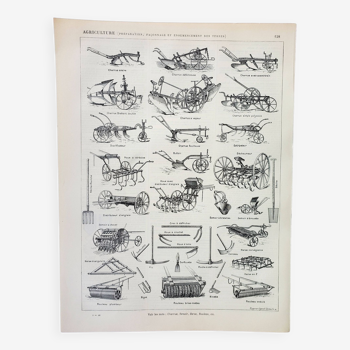 Gravure ancienne 1898, Agriculture (préparation), ferme, outils • Lithographie, Planche originale