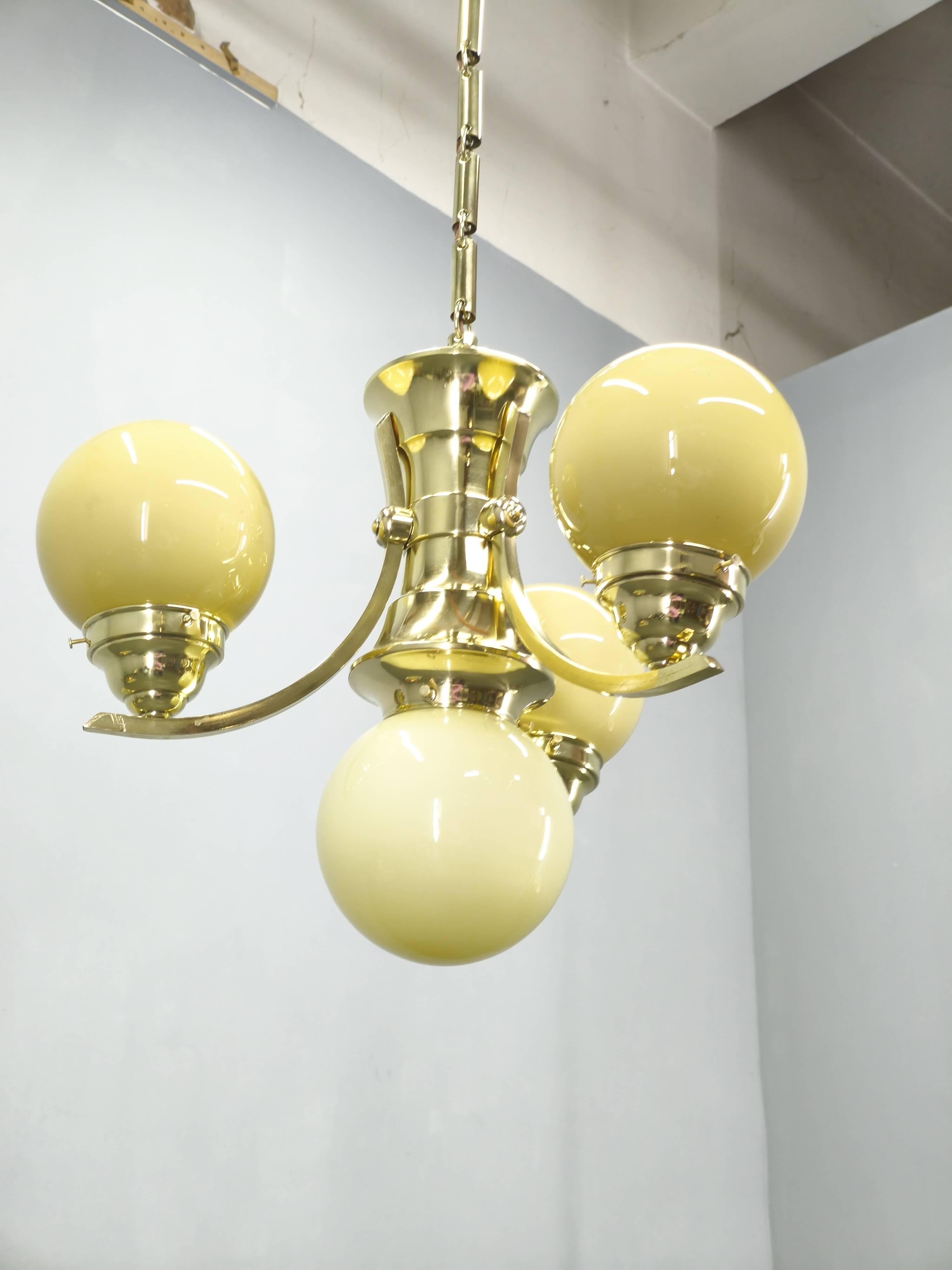 Art Deco Brass and Opaline Glass Chandelier, 1930s