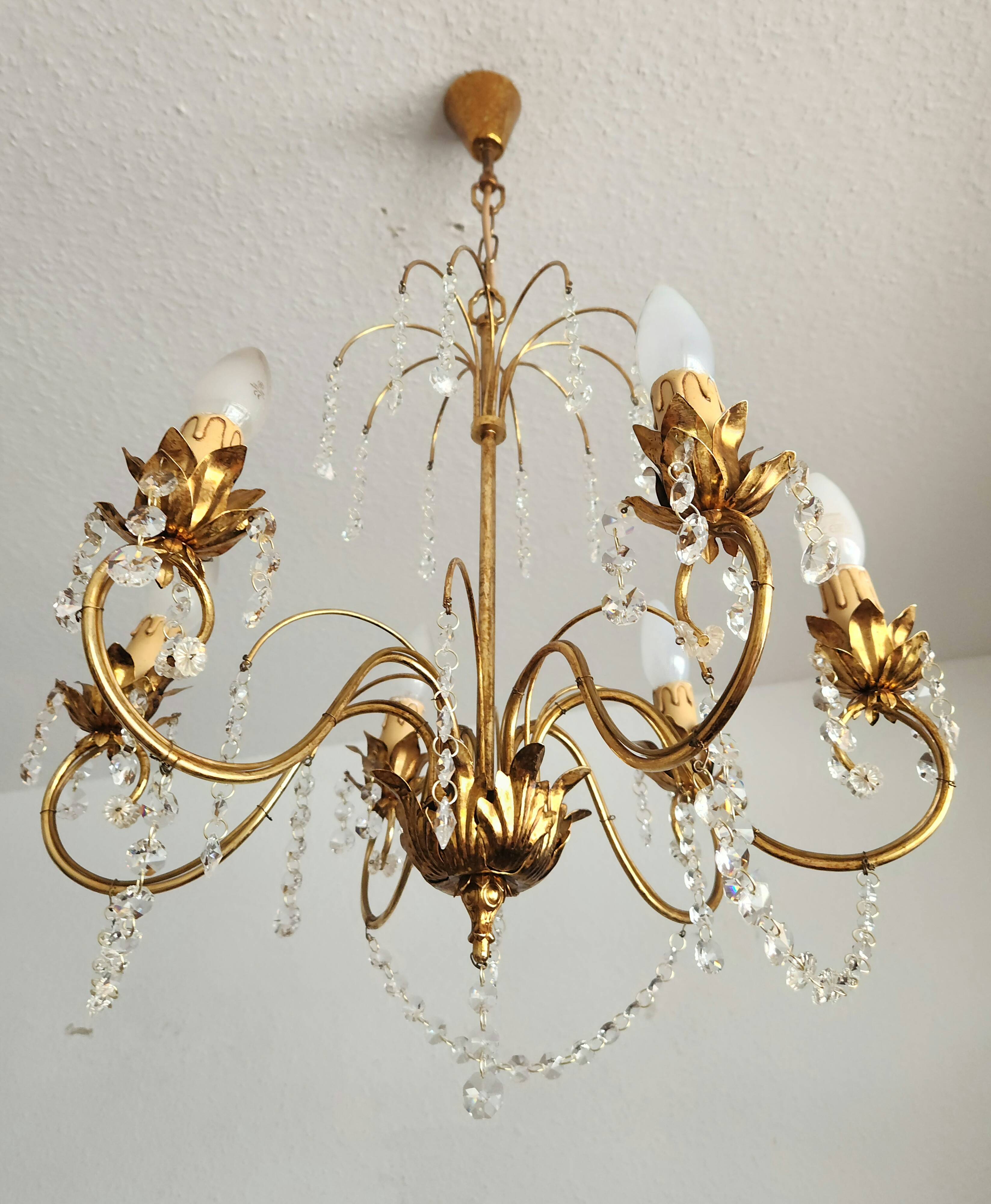Messing doré lustre à 6 lumières lampe cristal cascade 1950-1970