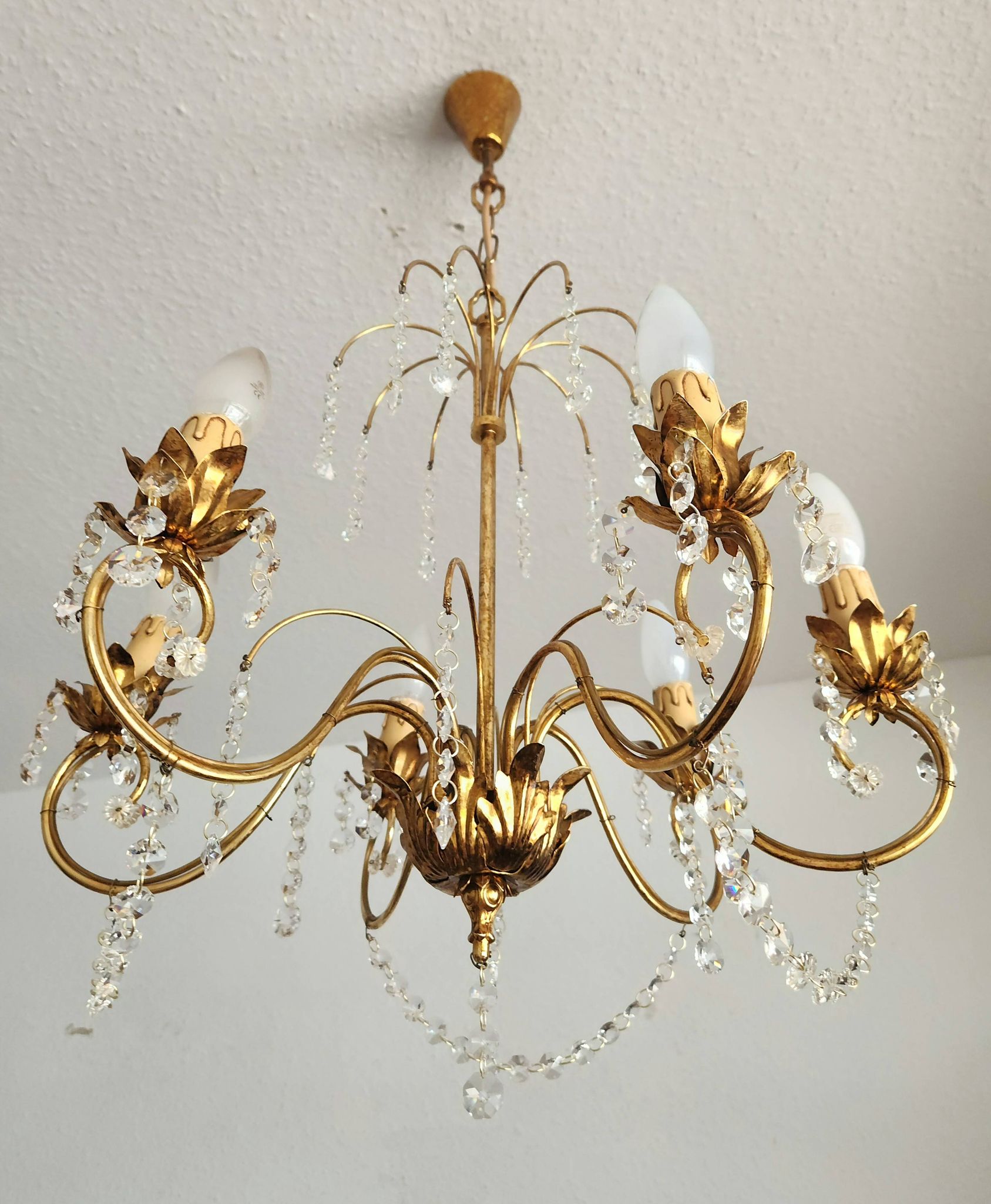 Messing vergoldet 6-Licht Kronleuchter Lampe Wasserfall Kristall 1950-1970
