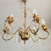 Messing vergoldet 6-Licht Kronleuchter Lampe Wasserfall Kristall 1950-1970
