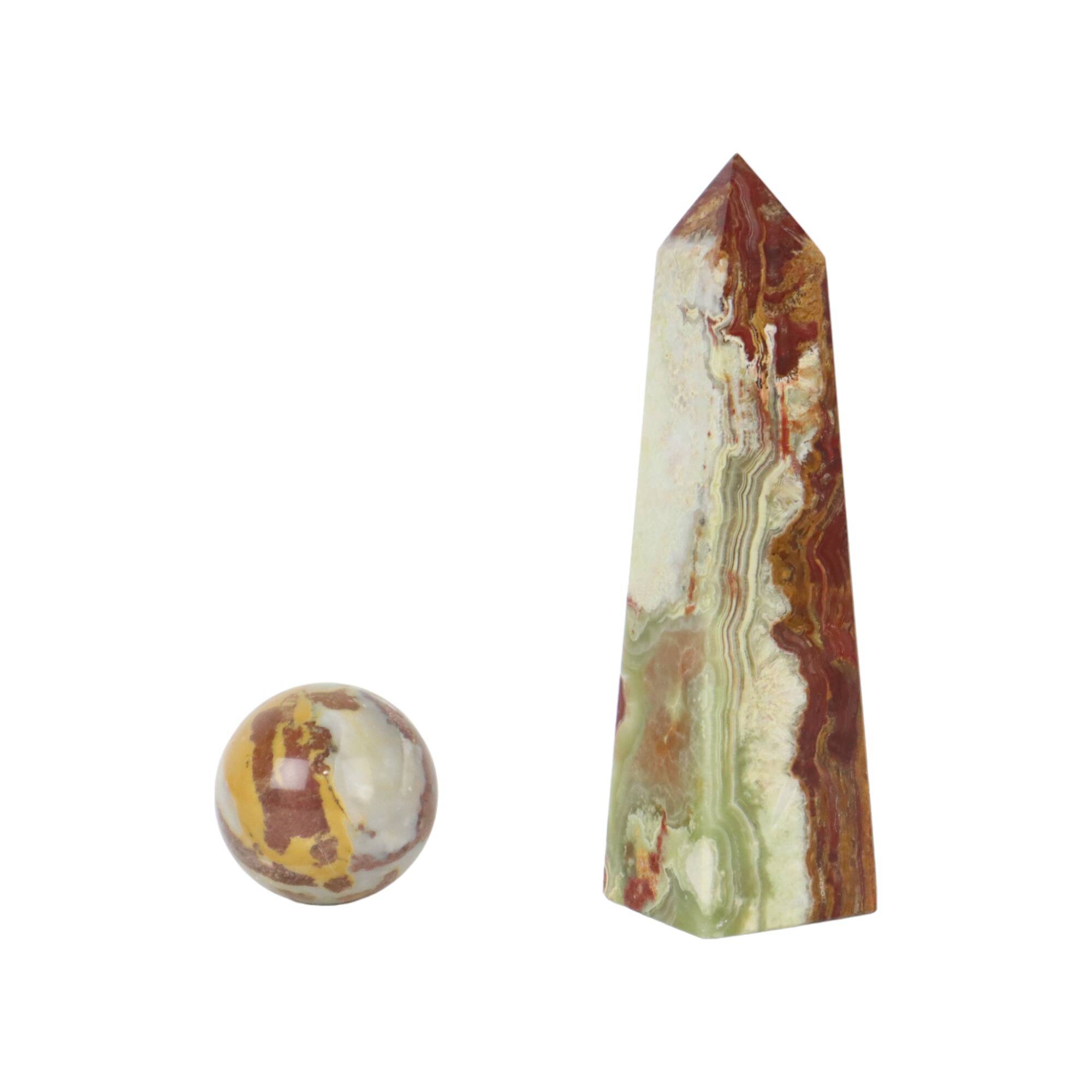 Veined onyx marble obelisk and polished sphere paperweight
