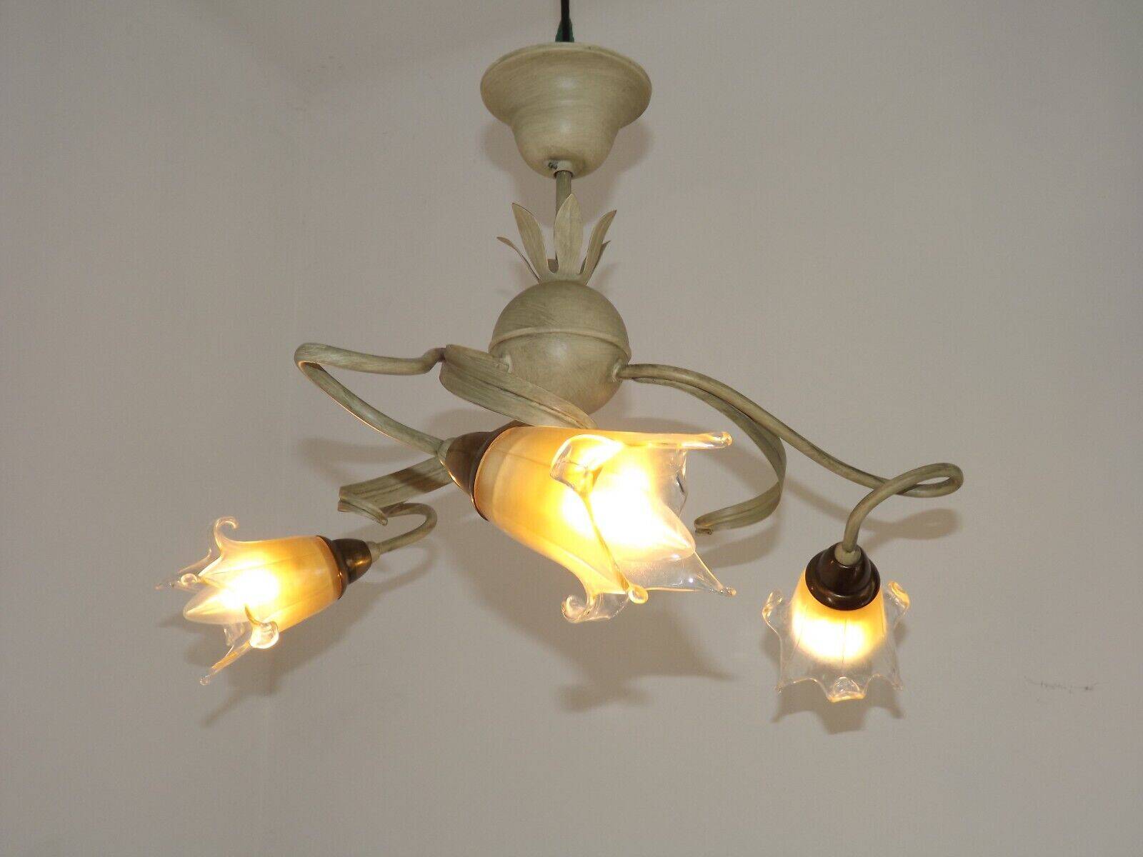 Stunning Italian Vintage 3 Light Tole Chandelier with Blown Glass Shades 4646