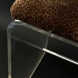 Designer bar stool in plexiglass, chrome & leopard velvet, Hollis 1970
