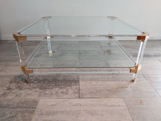 Vintage glass and brass coffee table by Charles & Hollis Jones, 1970s