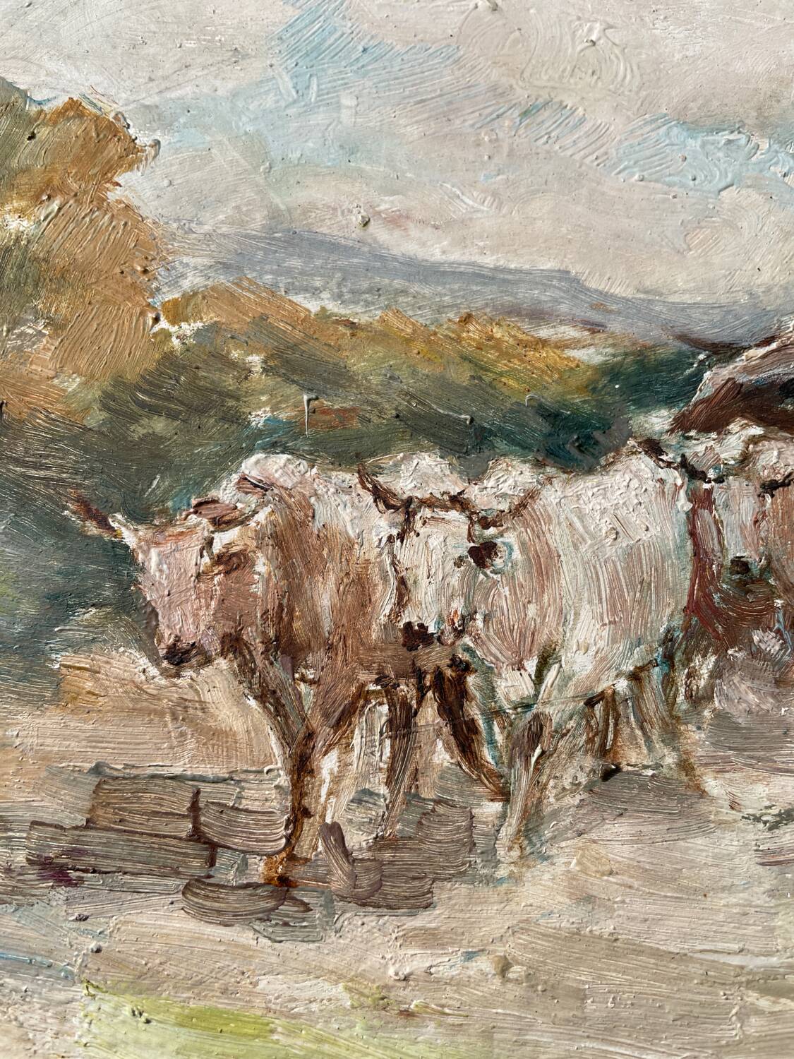 Painting of a Basque shepherd and his cows / antique oil painting