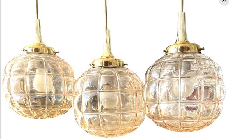 Triple Art Deco style amber glass pendant light