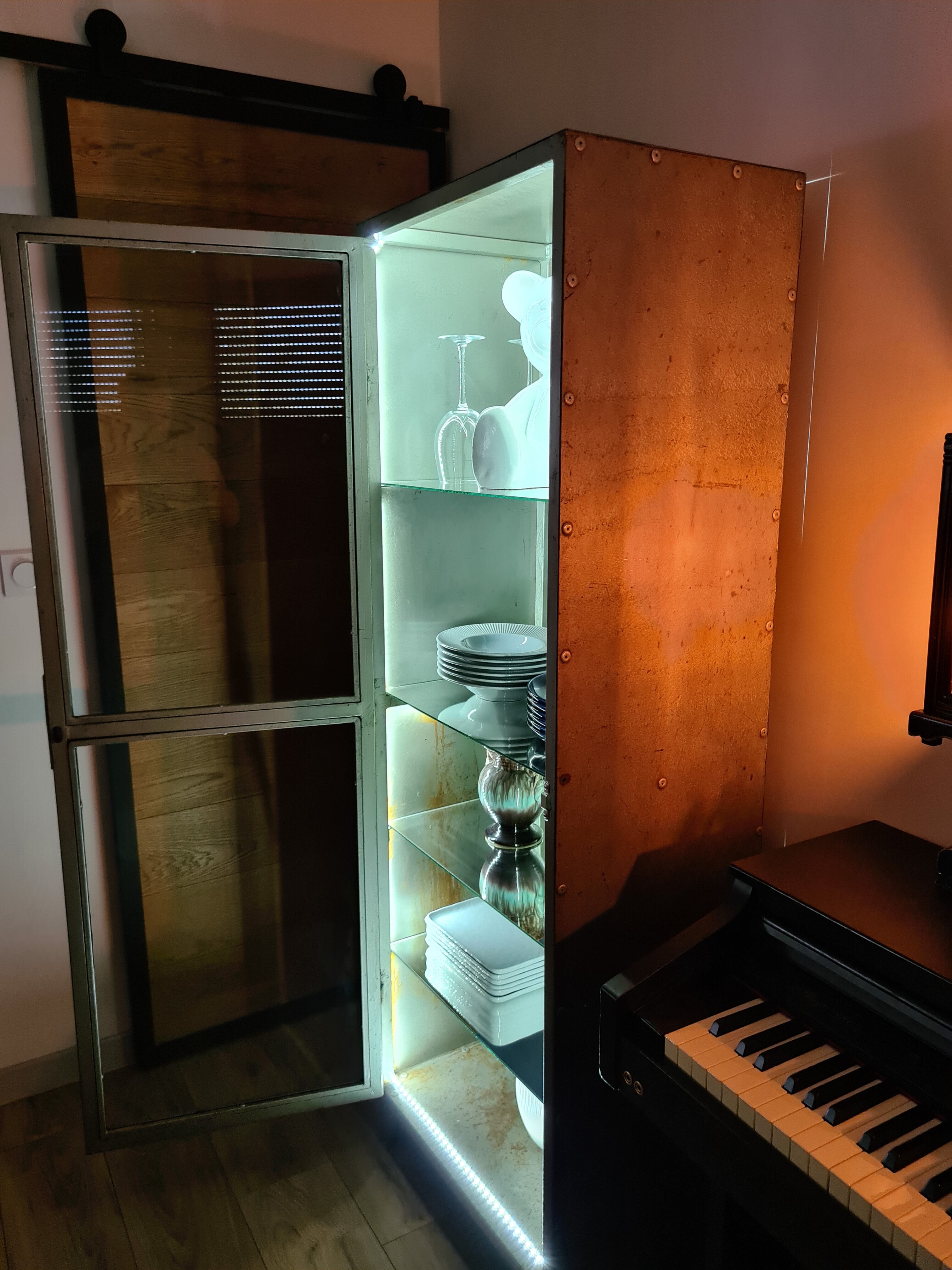 Vintage industrial showcase with LED interior lighting