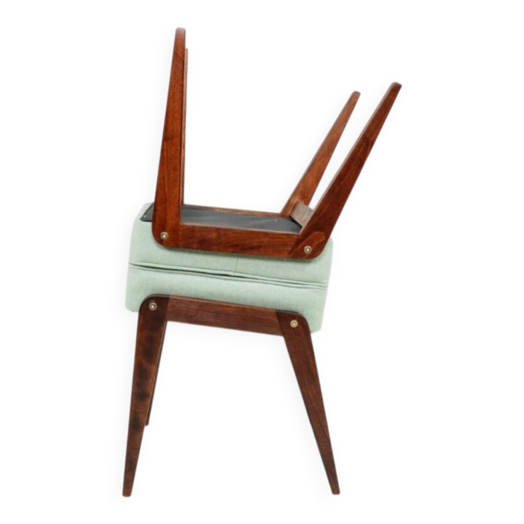 Vintage children's chair stool in pistachio green, mid-century modern design.