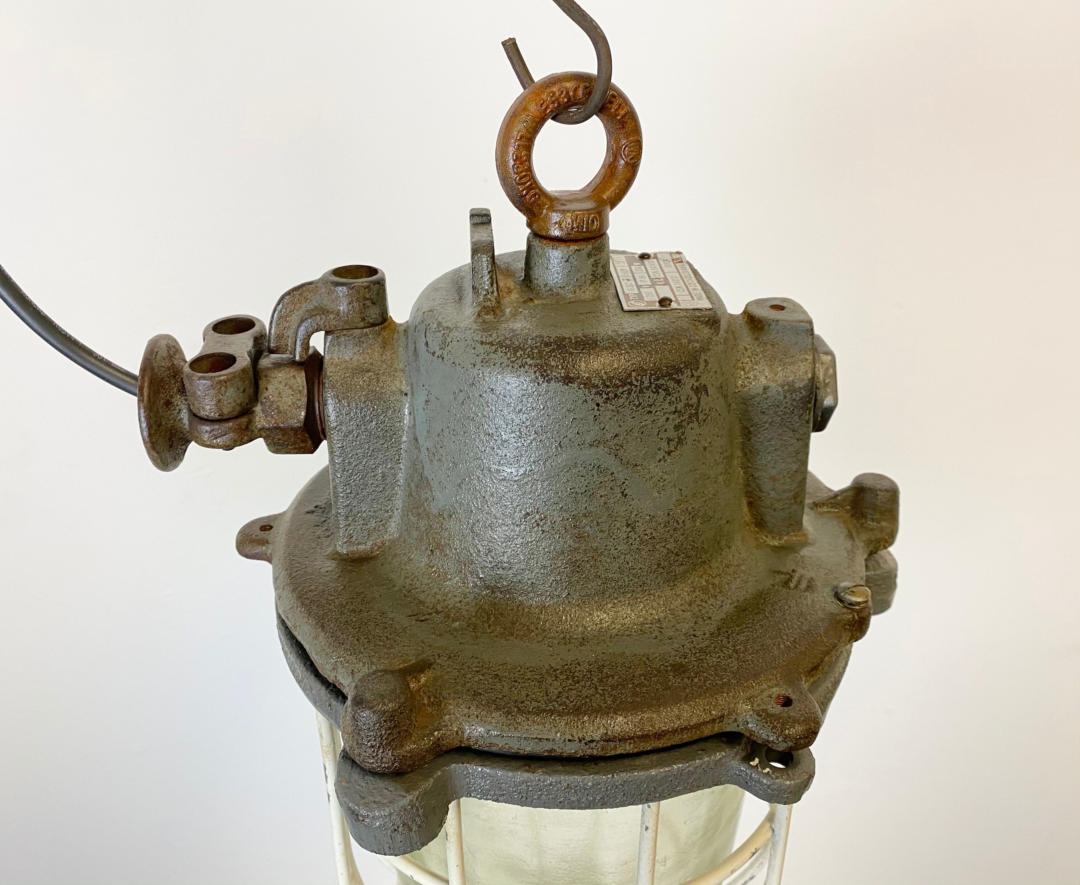 Grey cast iron industrial cage pendant light, 1970s