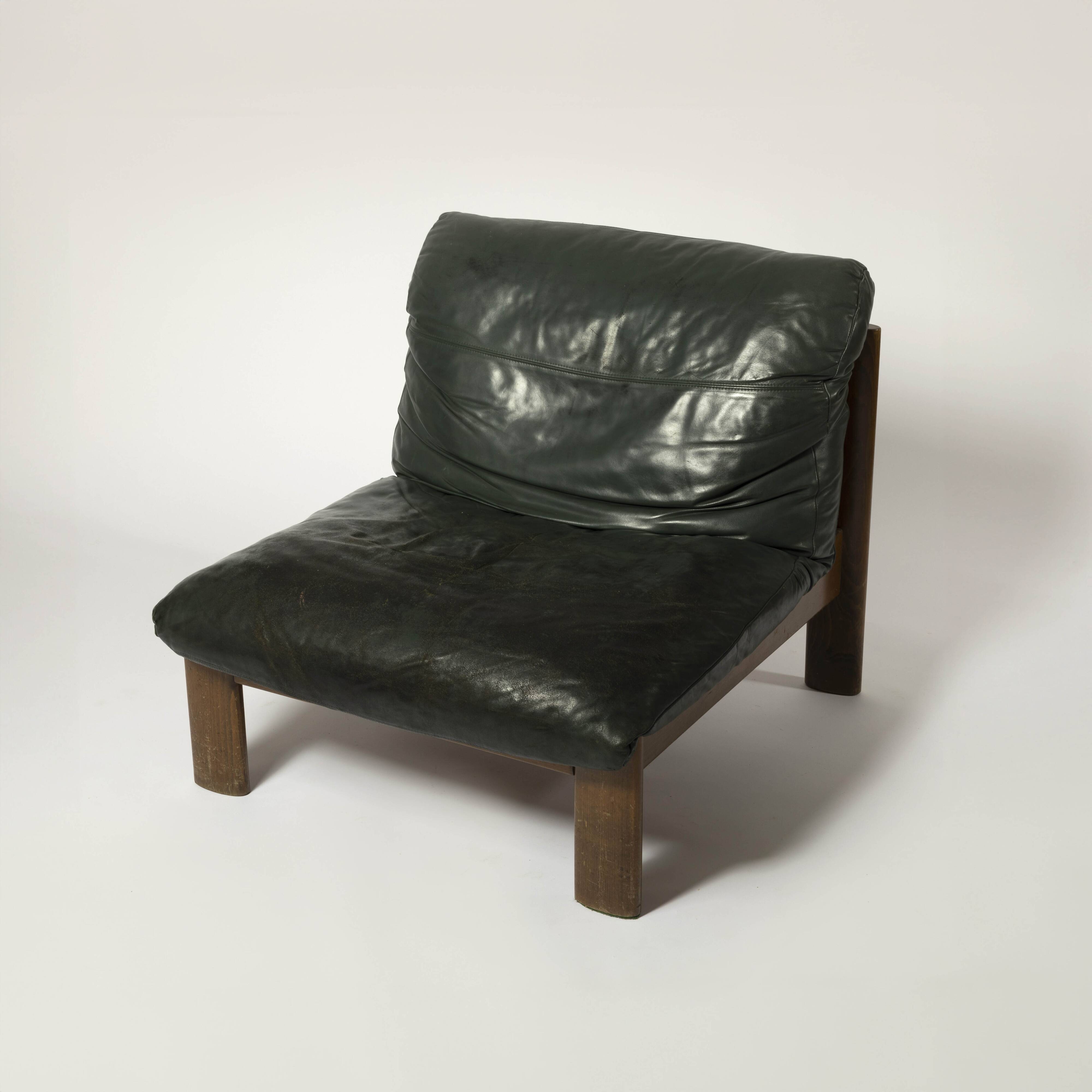 Sling chair in wood and green leather, germany, 1970s