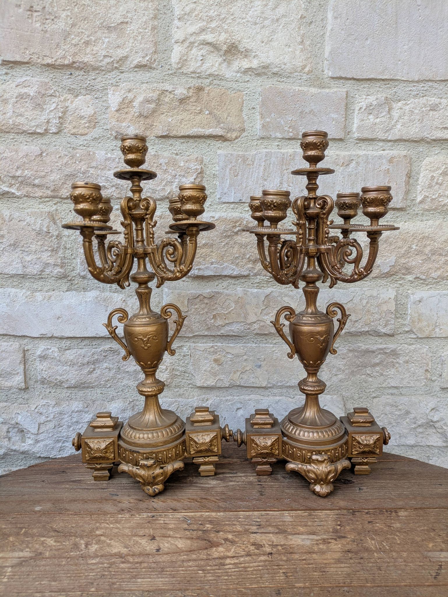 Pair of metal candelabra candle holders with 5 branches, 41cm