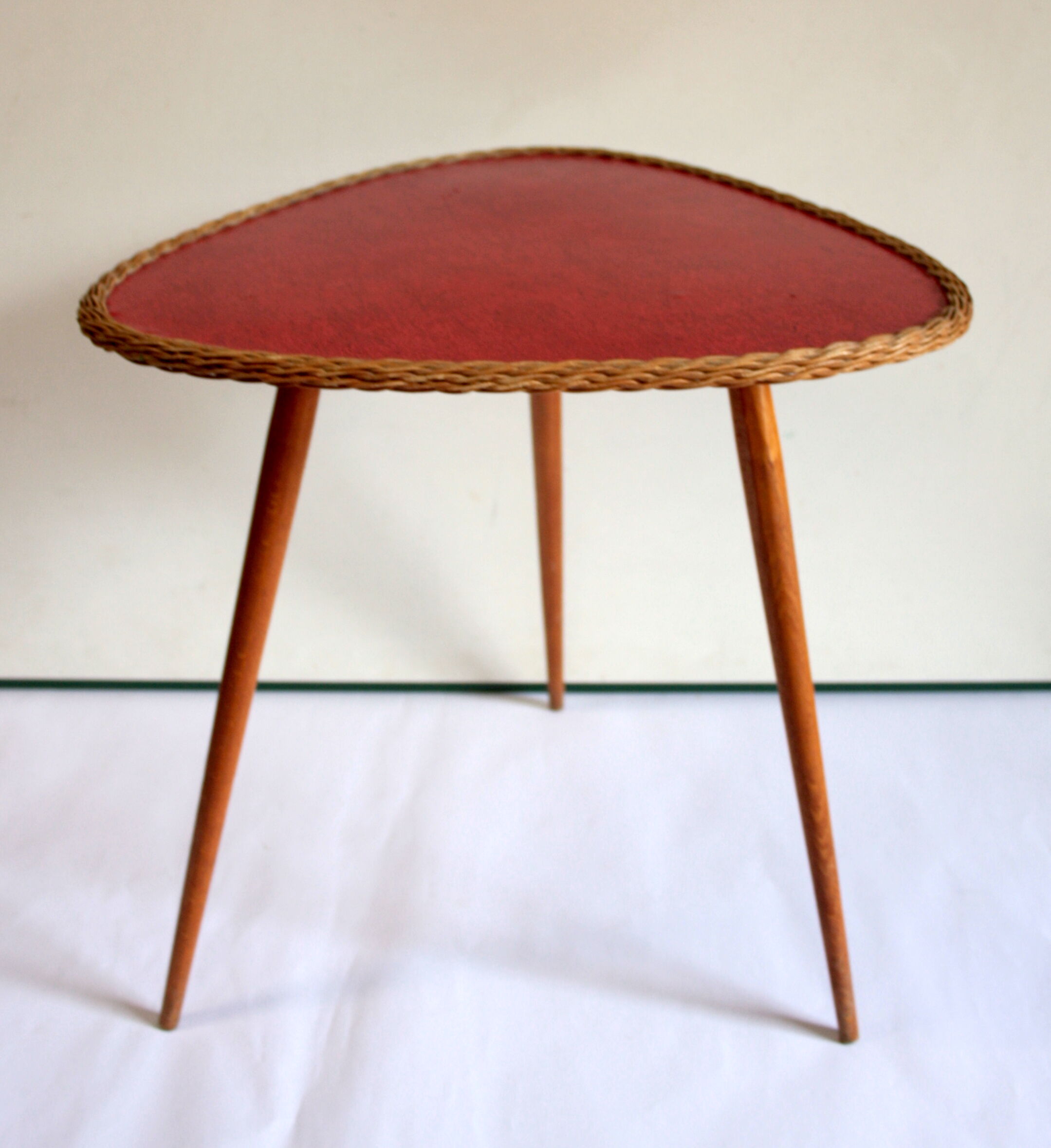 60s wood and rattan tripod coffee table
