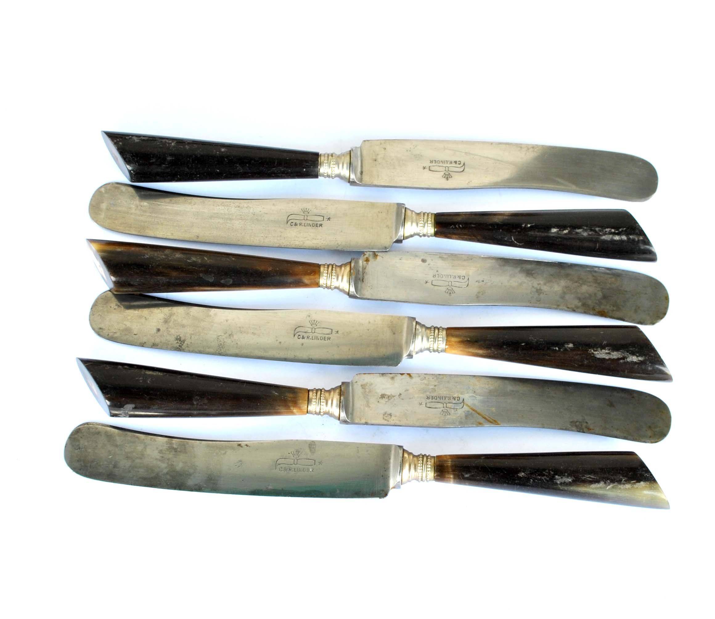 Set of 6 old table knives in horn and steel signed Linder