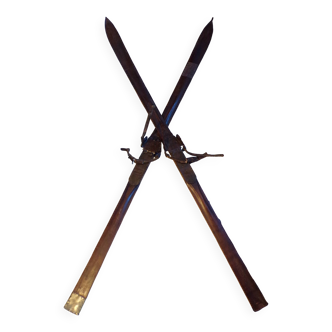 Pair of vintage wooden skis, L=198cm