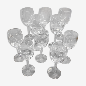 Série de verres gravés en cristal motifs épis de blé 5 verres à eau et 5 verres à vin