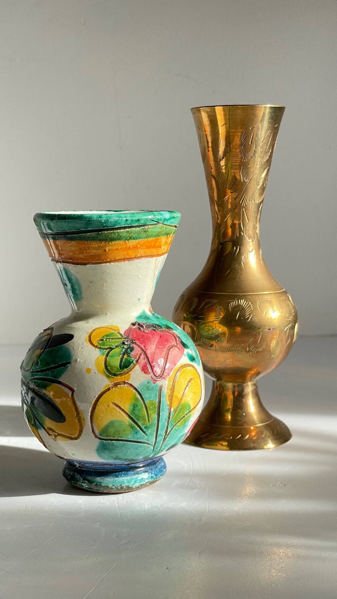 Vases céramique artisanale laiton ciselé vintage