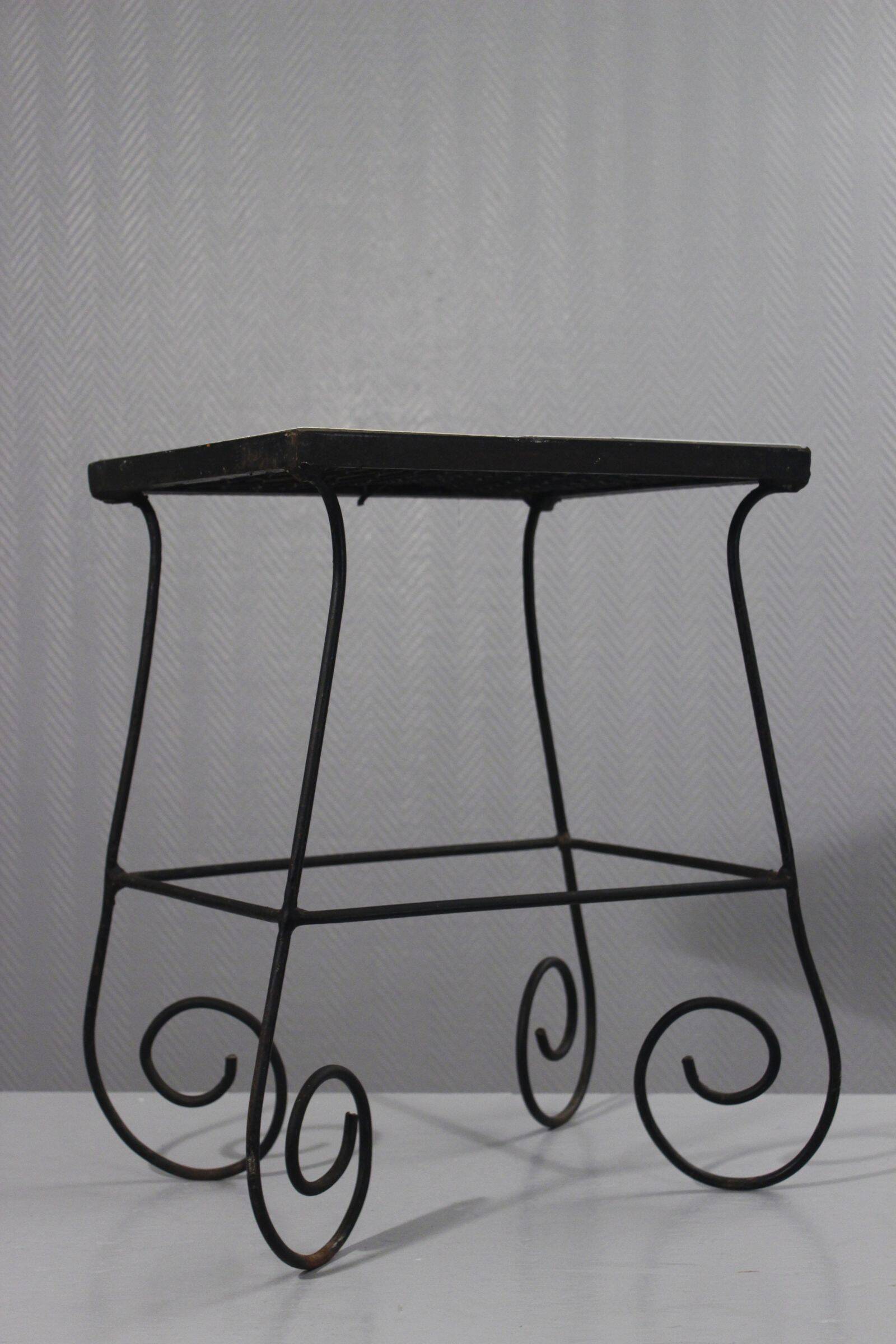 Vintage side table, wrought iron & ceramic tiles, 1950s design.