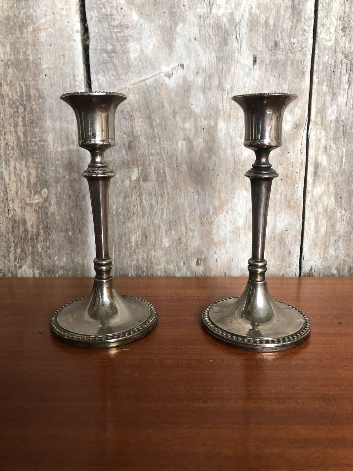 Old pair of silver metal candlesticks vintage pearl rank