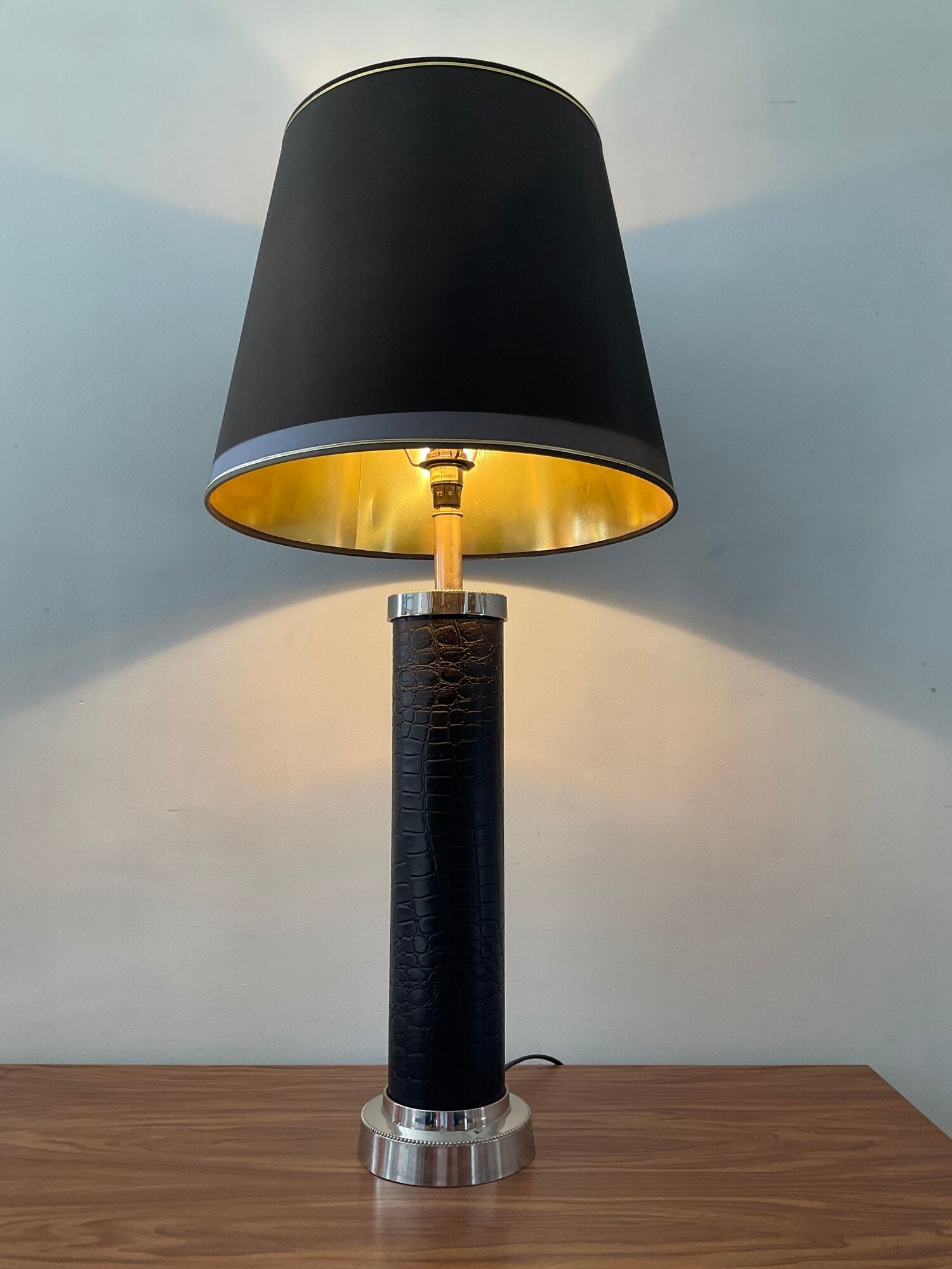 Vintage column lamp in leather and silver brass 60s-70s