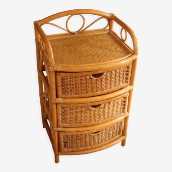 Storage cabinet shelf made of bamboo rattan and wood with 3 drawers vintage from the 1970s