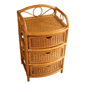 Storage cabinet shelf made of bamboo rattan and wood with 3 drawers vintage from the 1970s