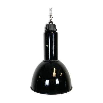 Suspension industrielle en émail noir bauhaus, années 1930