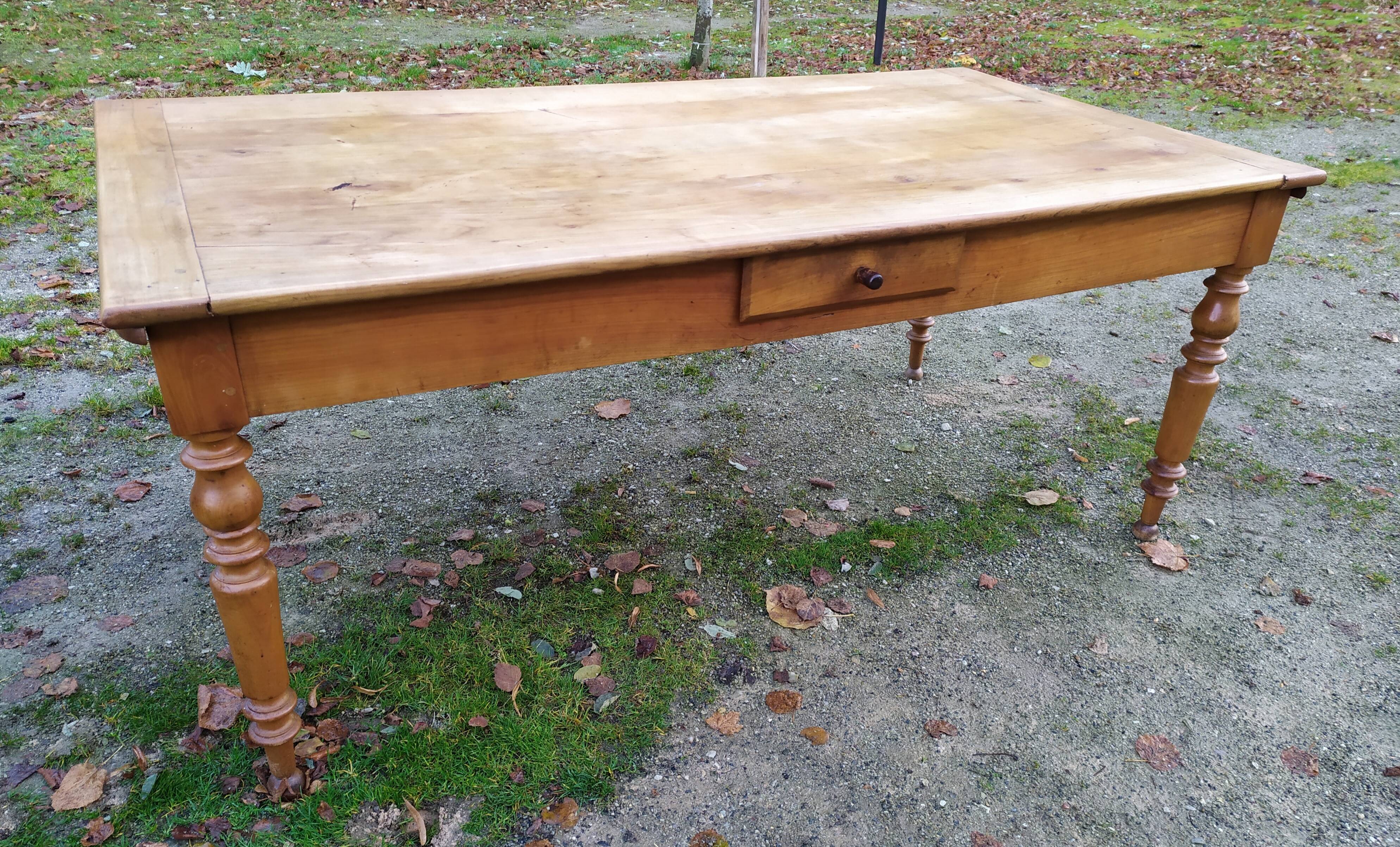 Cherry farm table, turned legs, 2 extensions