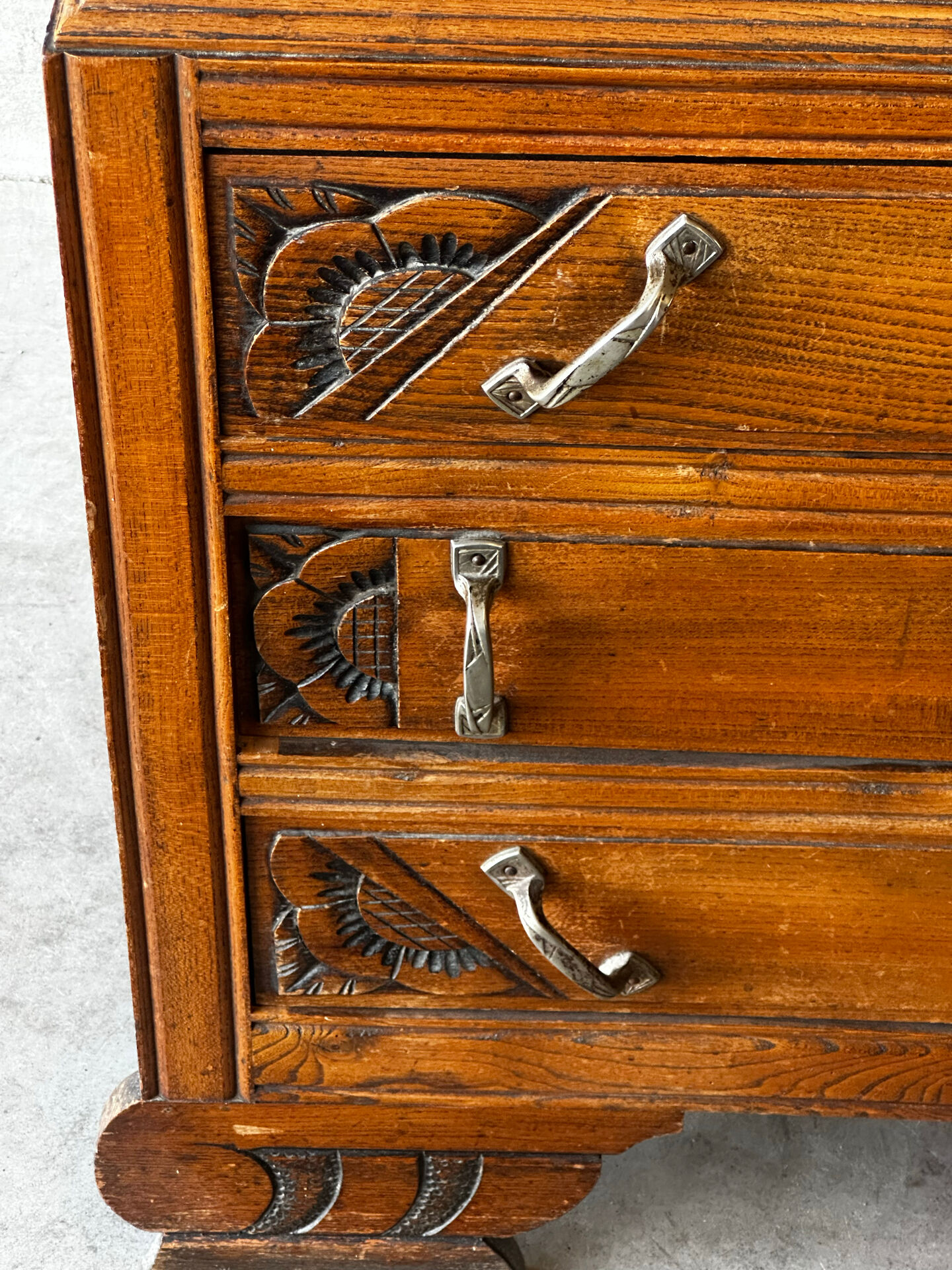 Compact Art Deco commode from the 1930s, carved wood and marble.